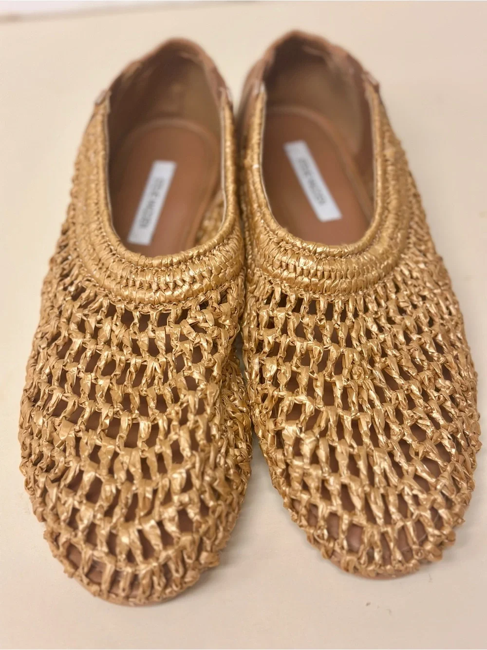 Steve Madden  Raffia/Leather Uppers in a Deep Tan almost Gold Slip-On Loafers